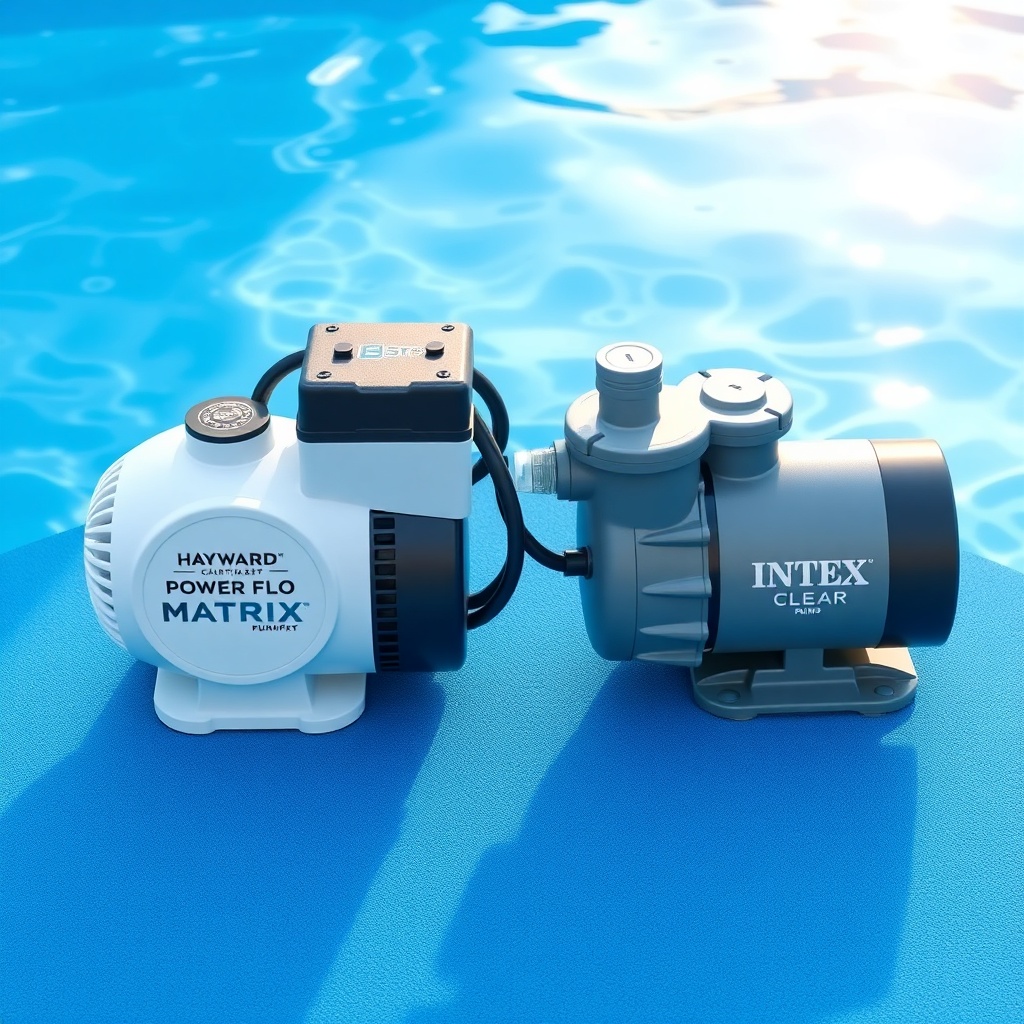 Photorealistic shot of a blue above-ground pool with both pumps side by side on the ground