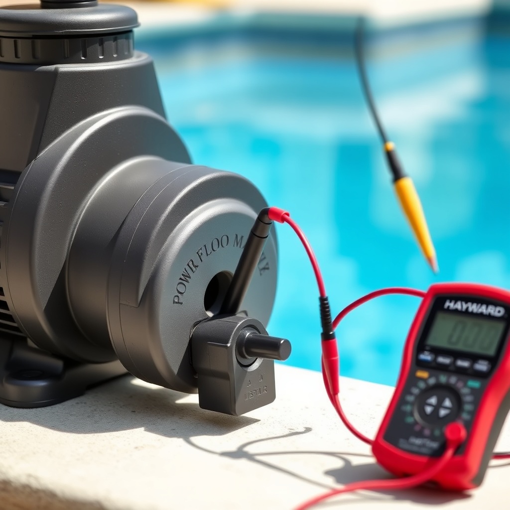close-up of a Hayward Power-Flo Matrix pump with a multimeter probe near the electrical co