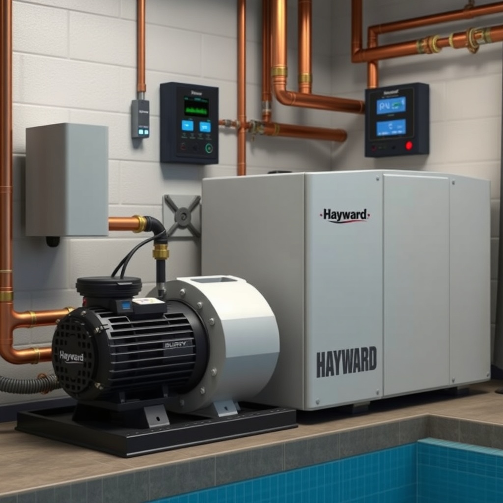 <photorealistic photo of a Hayward Power-Flow Matrix pump connected to a chiller unit in a