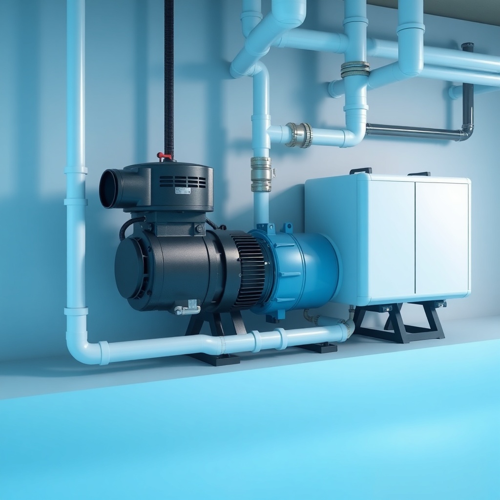 <photorealistic photo of a swimming pool pump installation with a chiller
