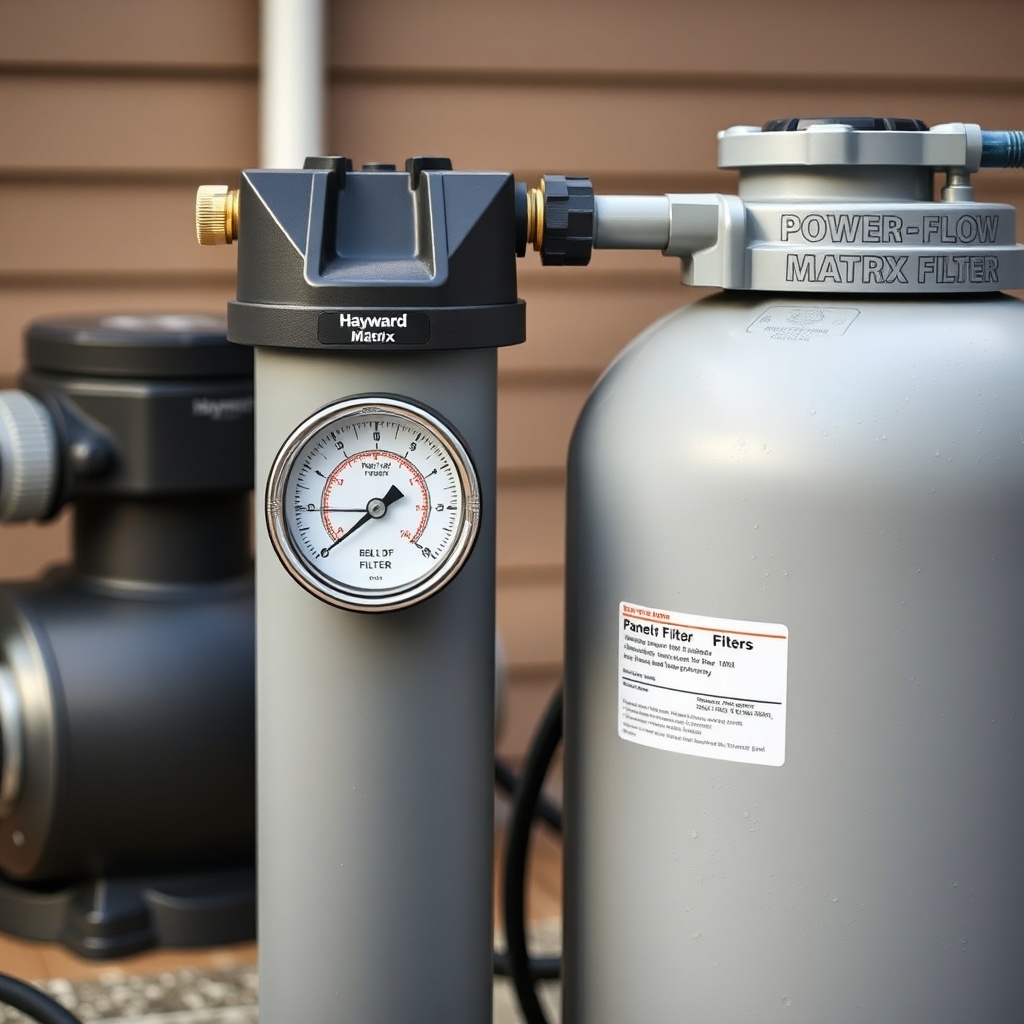 A photorealistic photo of a Hayward Power-Flow Matrix filter with a pressure gauge showing