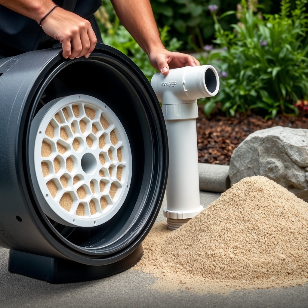 A photorealistic photo showing a technician replacing sand in a Hayward Power-Flow Matrix