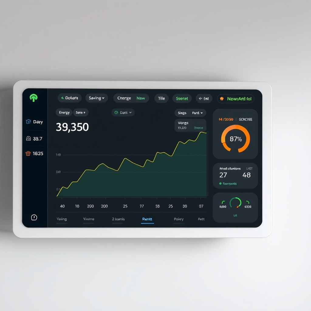 <clean photorealistic photo/illustration of a smart home dashboard interface showing energ