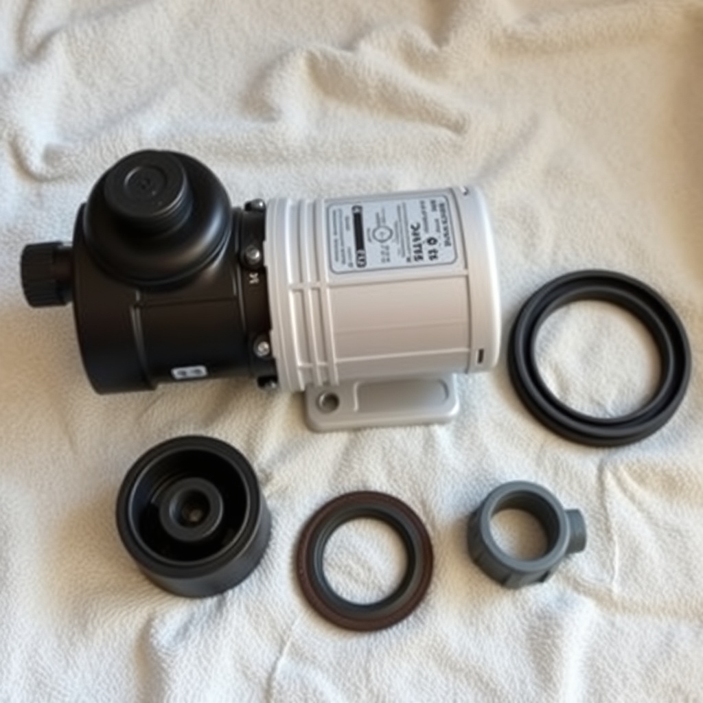 photorealistic image of Intex 28633EG pump parts laid out on a towel: motor body