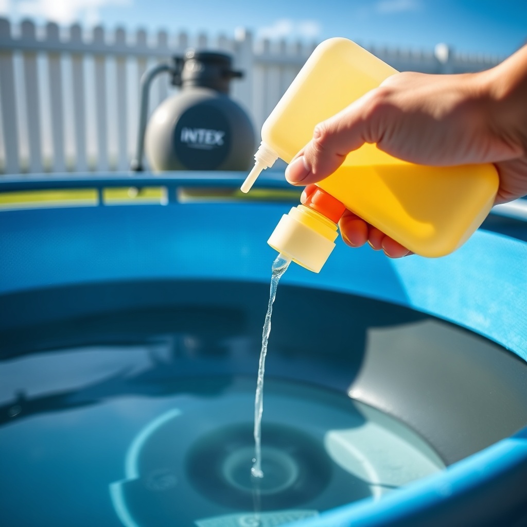 A close-up photorealistic photo of a hand holding a yellow liquid chlorine dispenser bottl