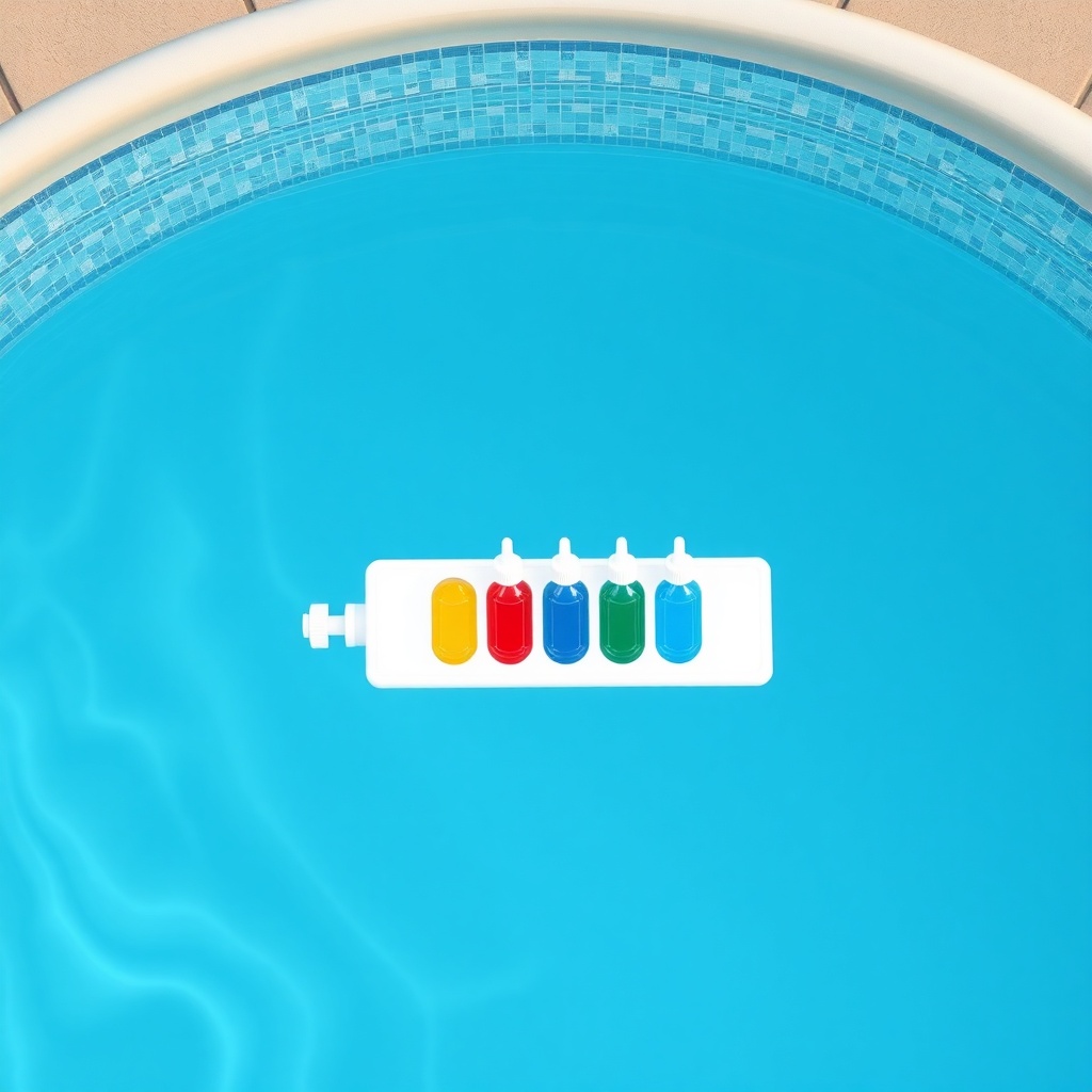 A photorealistic overhead shot of a residential above-ground pool with clear blue water