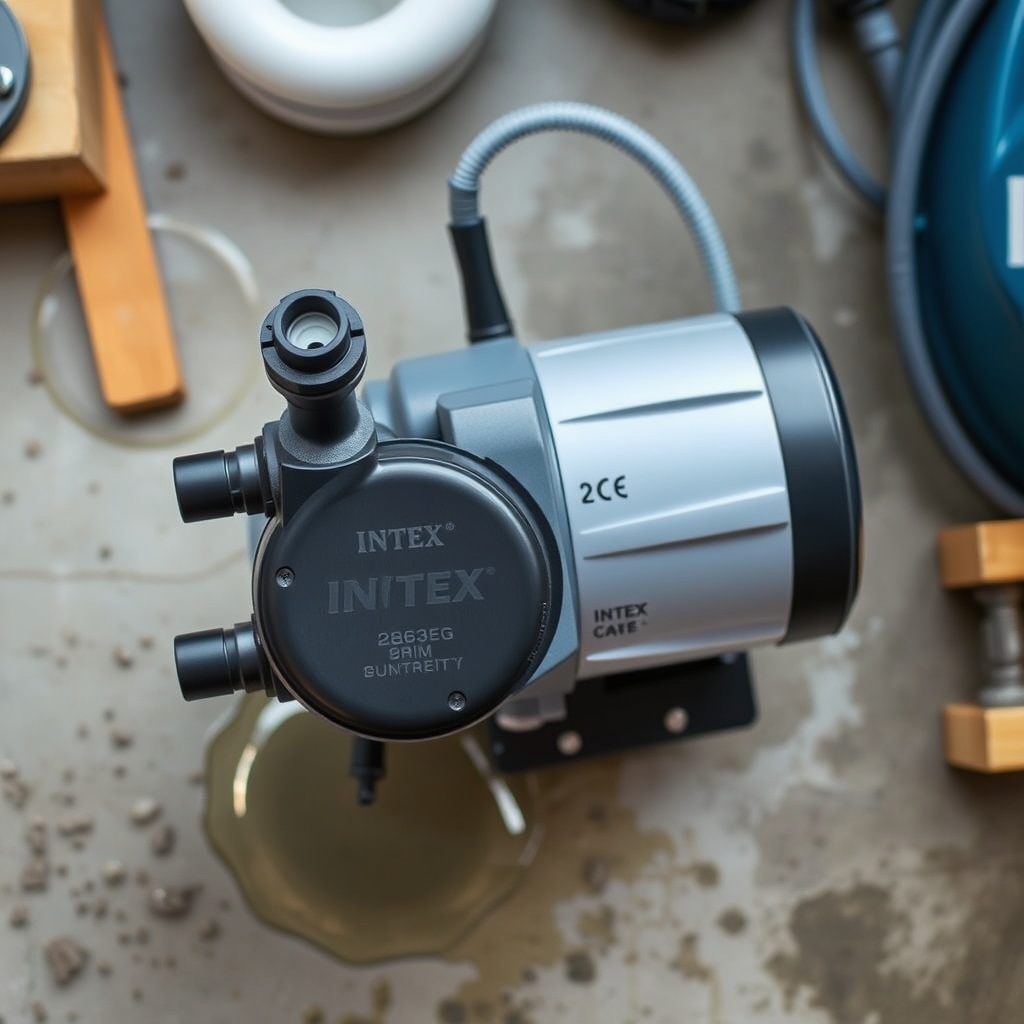 A photorealistic top-down photo of an Intex Krystal Clear 28633EG pump with all hoses and