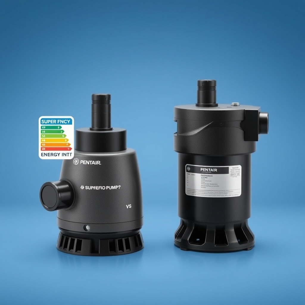 <clean photorealistic photo of Pentair SuperFlo VS pump with energy efficiency badge next