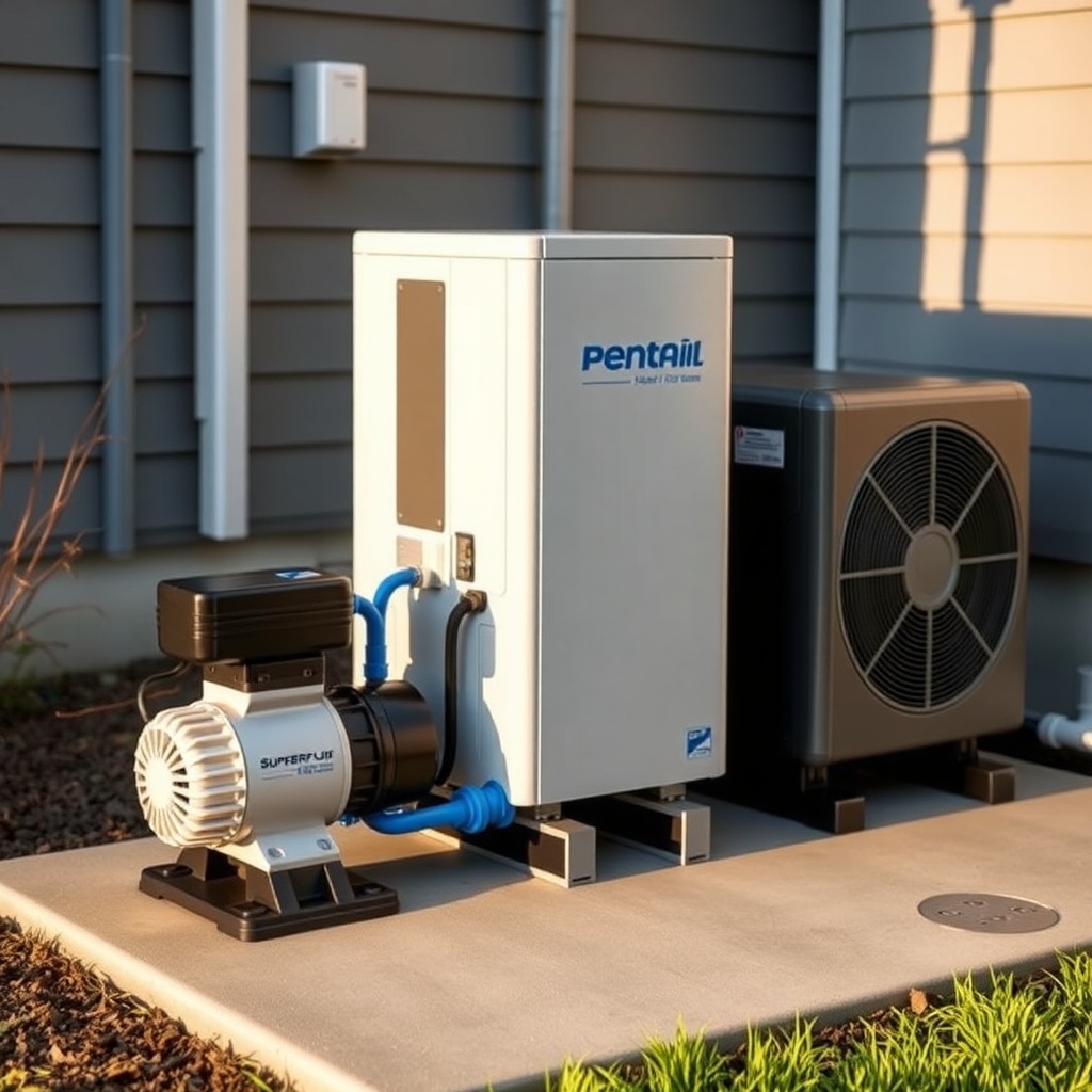 A modern Pentair SuperFlo VS pump connected to a sleek heat pump unit