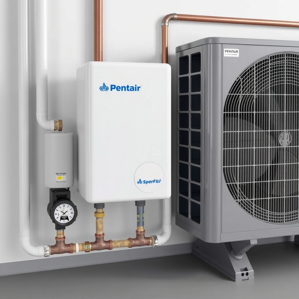 clean photorealistic photo of Pentair SuperFlo VS mounted next to a heat pump unit