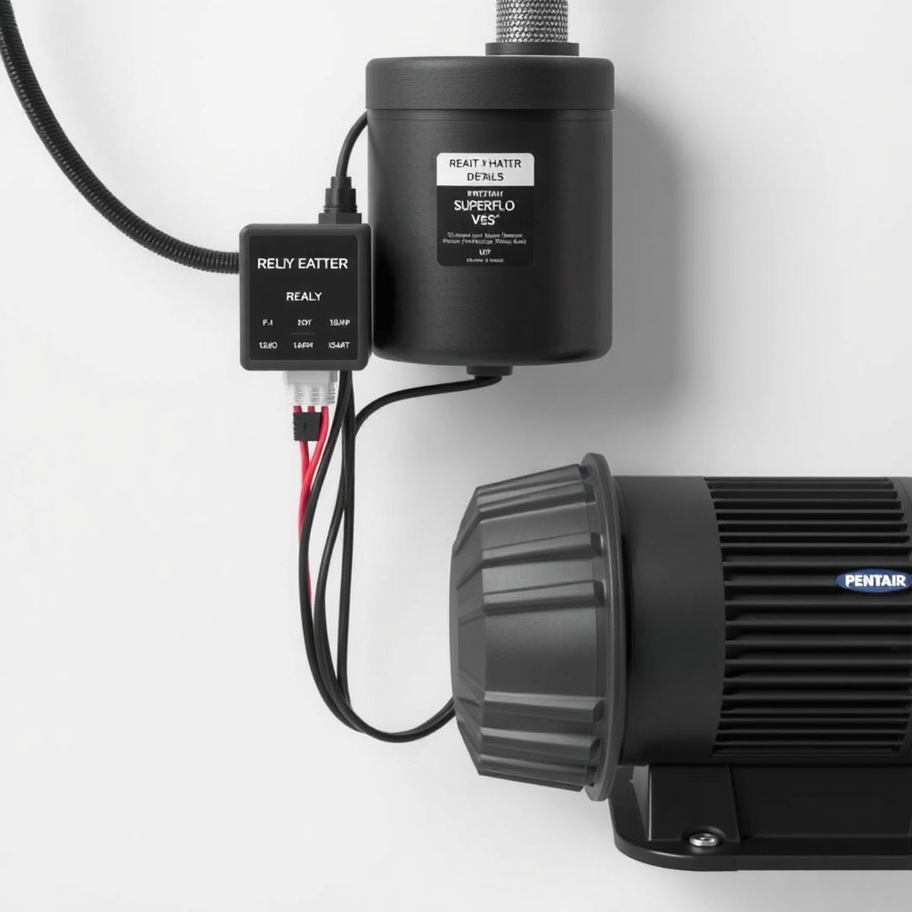 <Clean photorealistic photo of a Pentair SuperFlo VS pump connected to a heater with a rel