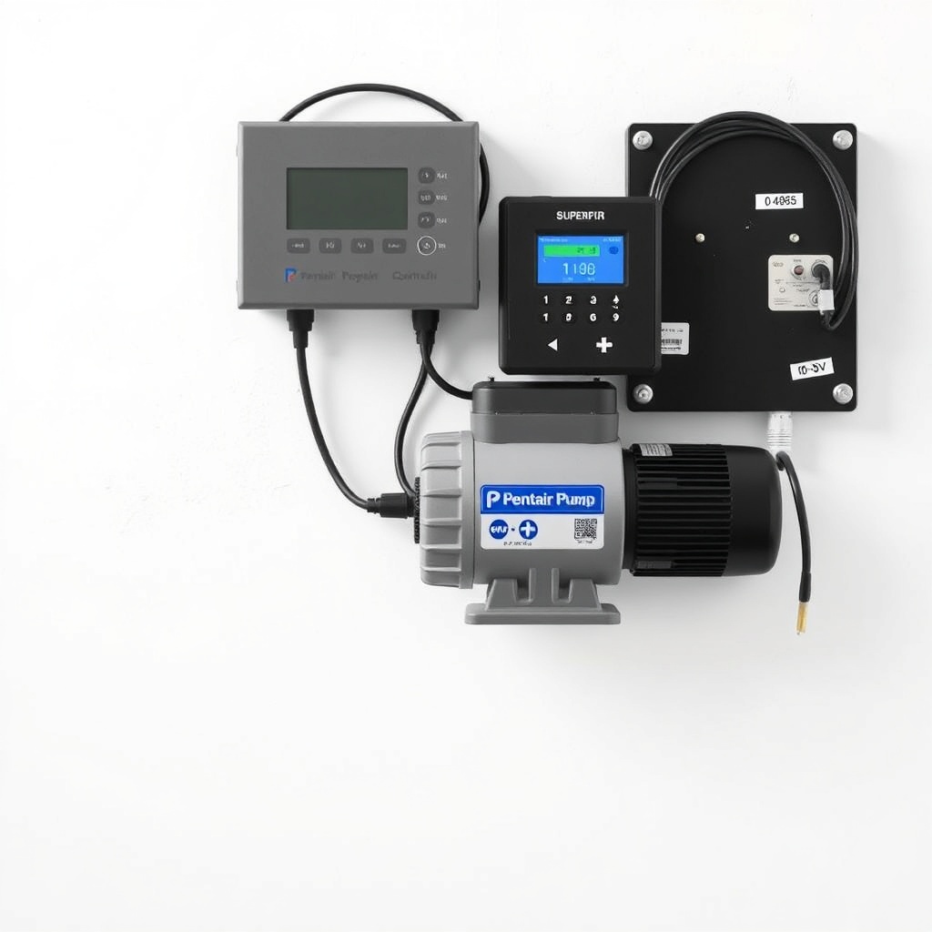 Pentair SuperFlo VS pump connected to a wall-mounted automation control panel with labeled
