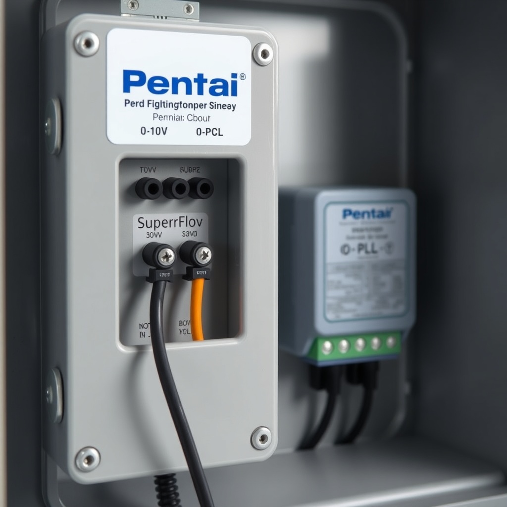 Close-up of Pentair SuperFlo VS terminal box showing 0-10V wiring connections to a third-p