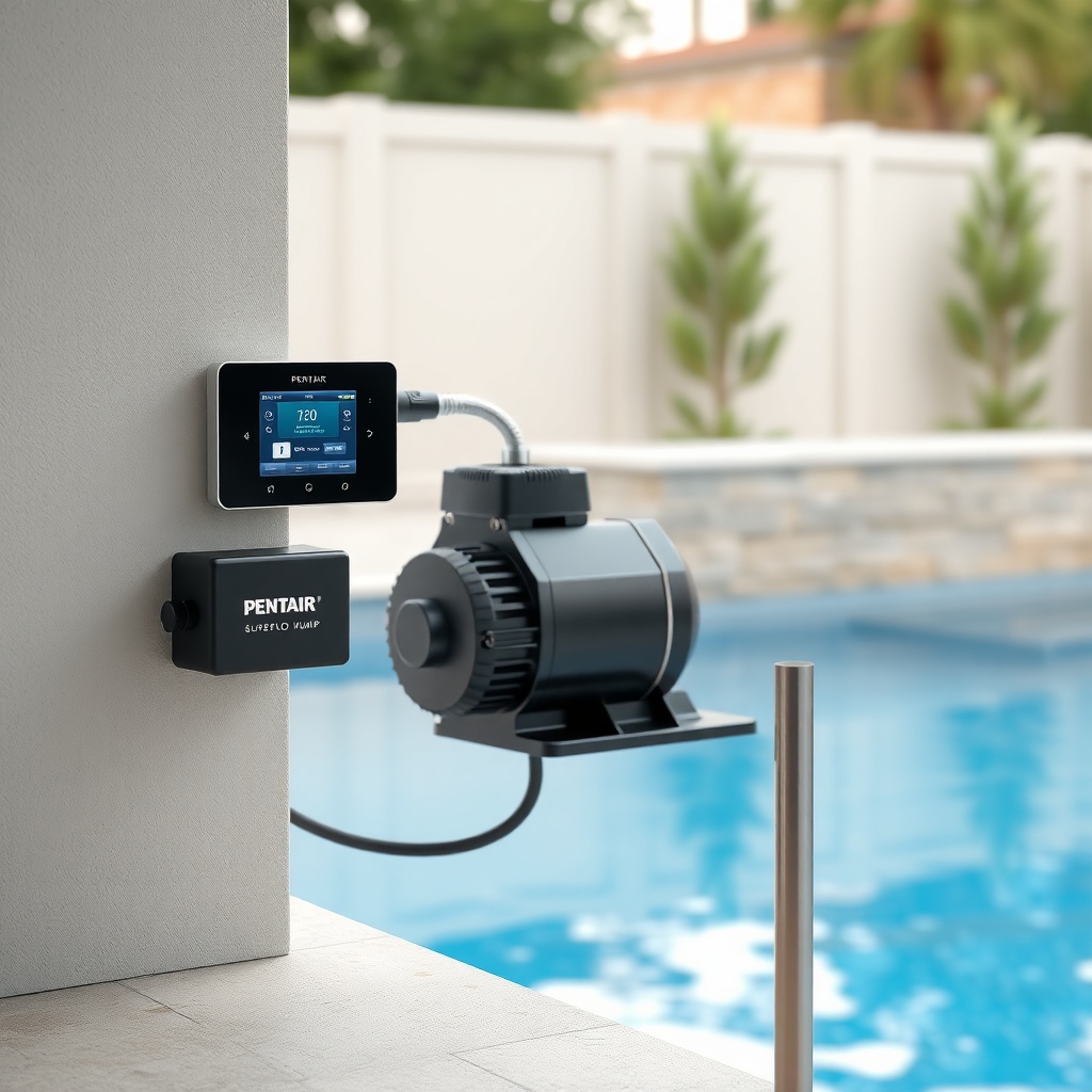 A photorealistic photo of a Pentair SuperFlo VS pump connected to a modern home automation