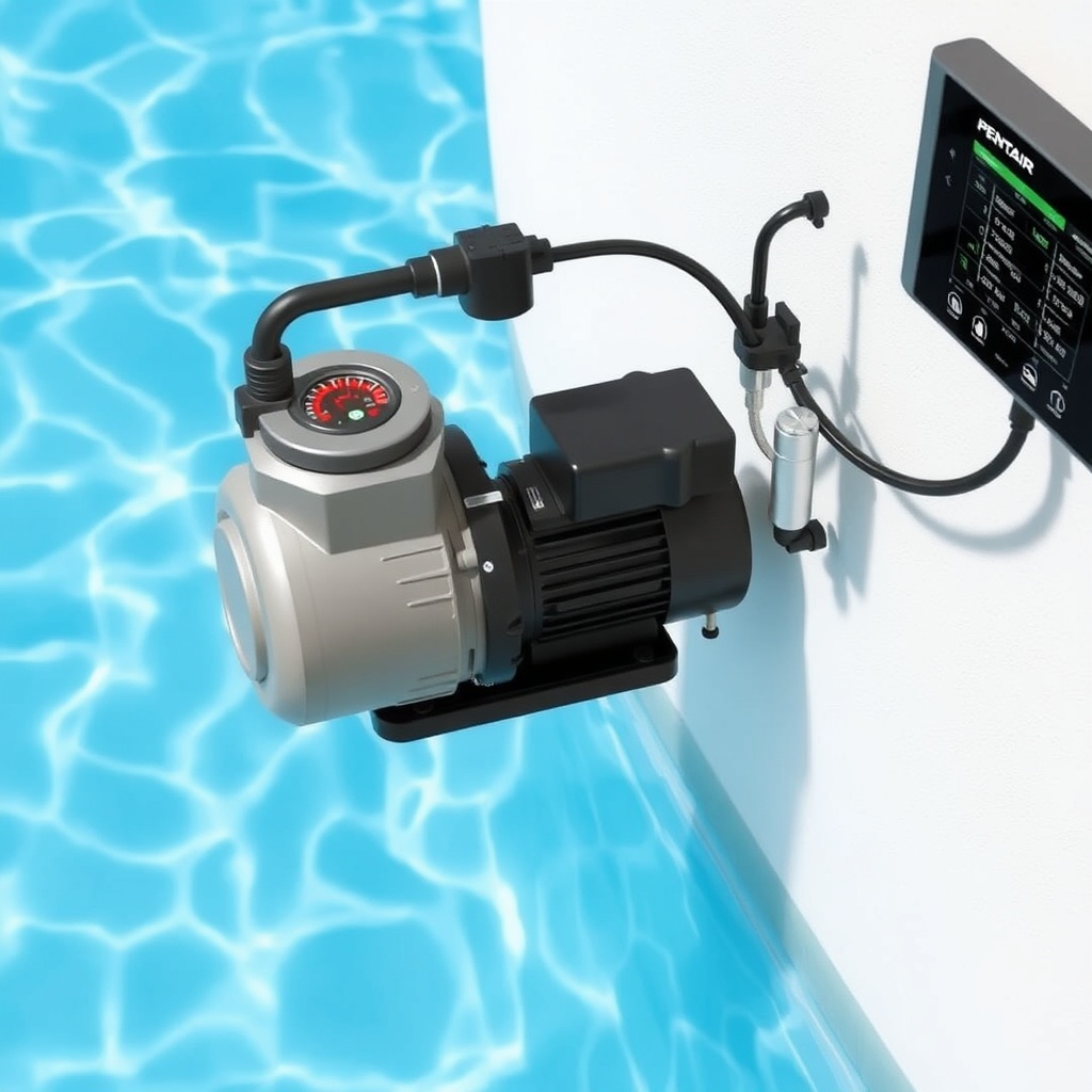 A photorealistic photo of a Pentair SuperFlo VS pump installed next to an automated chemic