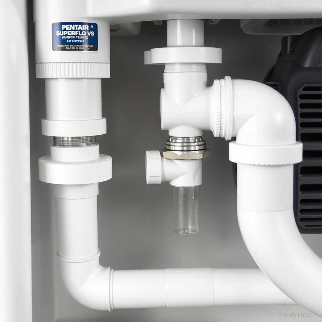 A photorealistic image of a pool equipment area focusing on the suction line connections