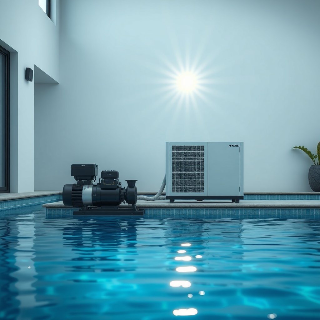 <a photorealistic photo of a well-lit modern pool area with a Pentair SuperFlo VS pump and