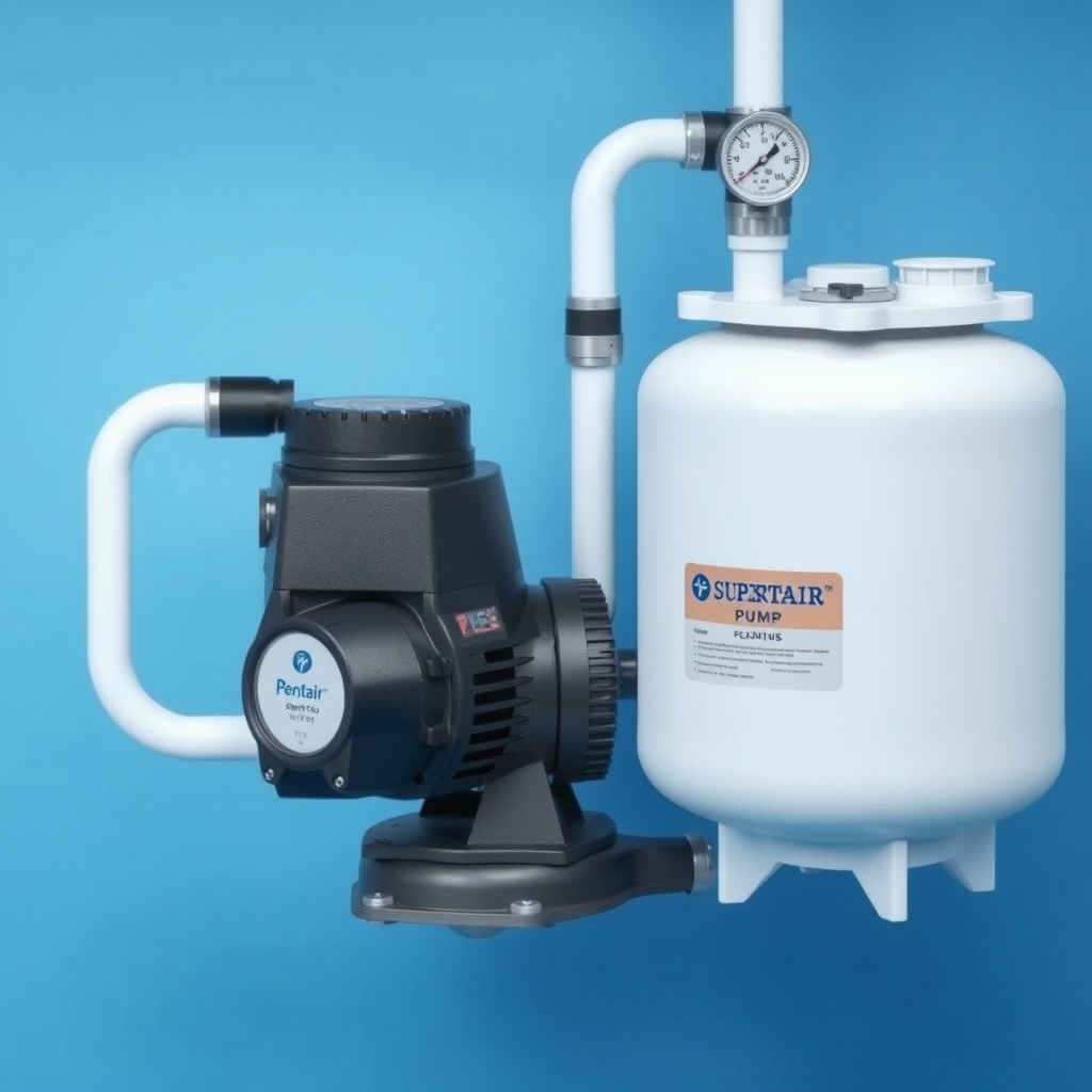 <clean photorealistic photo/illustration of a Pentair SuperFlo VS pump installed near a fi