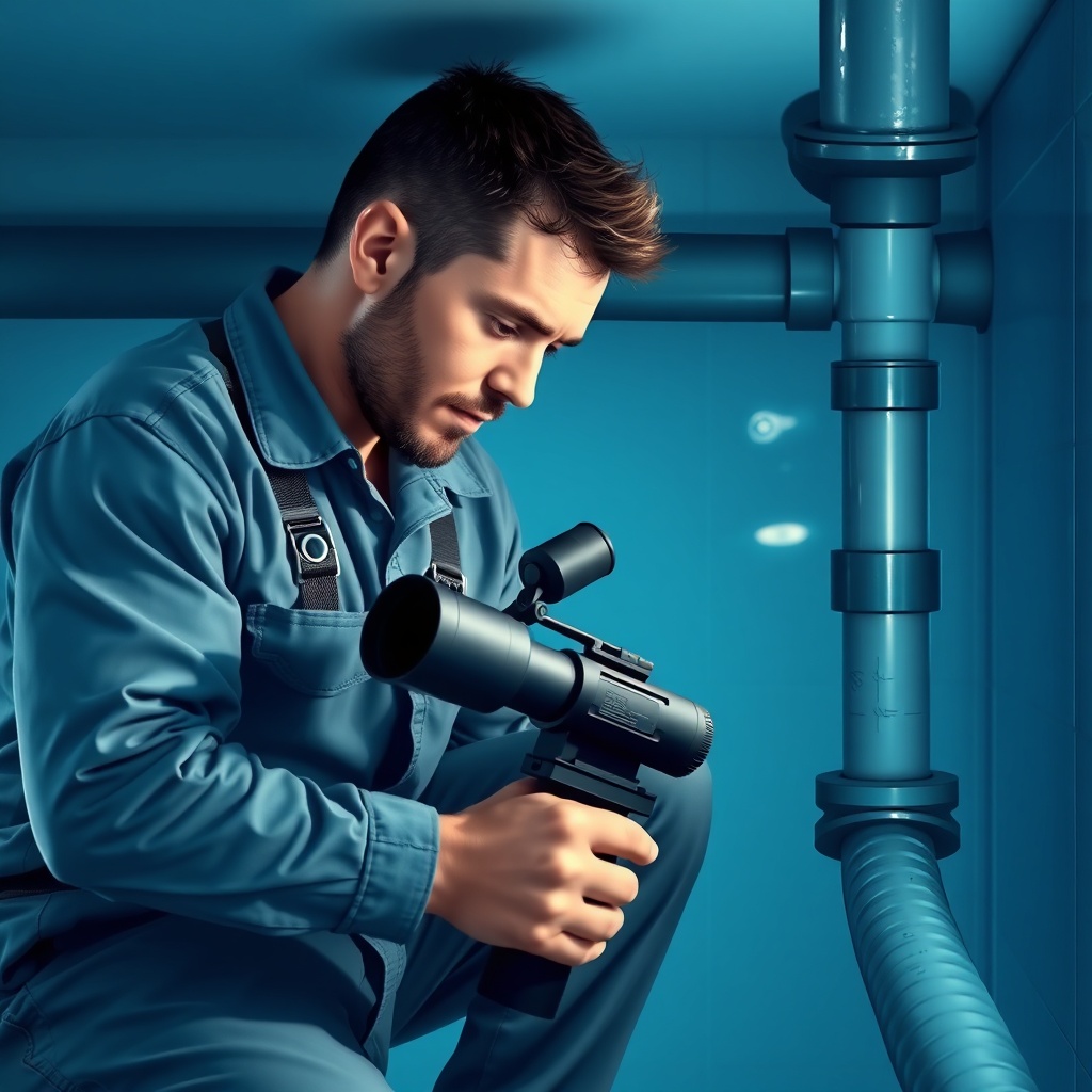 <clean photorealistic photo/illustration of a plumber inspecting a pool pipe with a camera